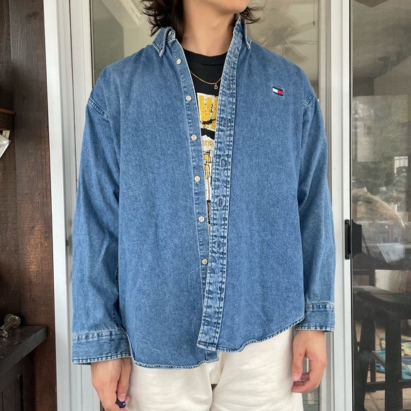 Vintage Other - vtg 90s tommy hilfiger big logo oversized baggy dad denim shirt